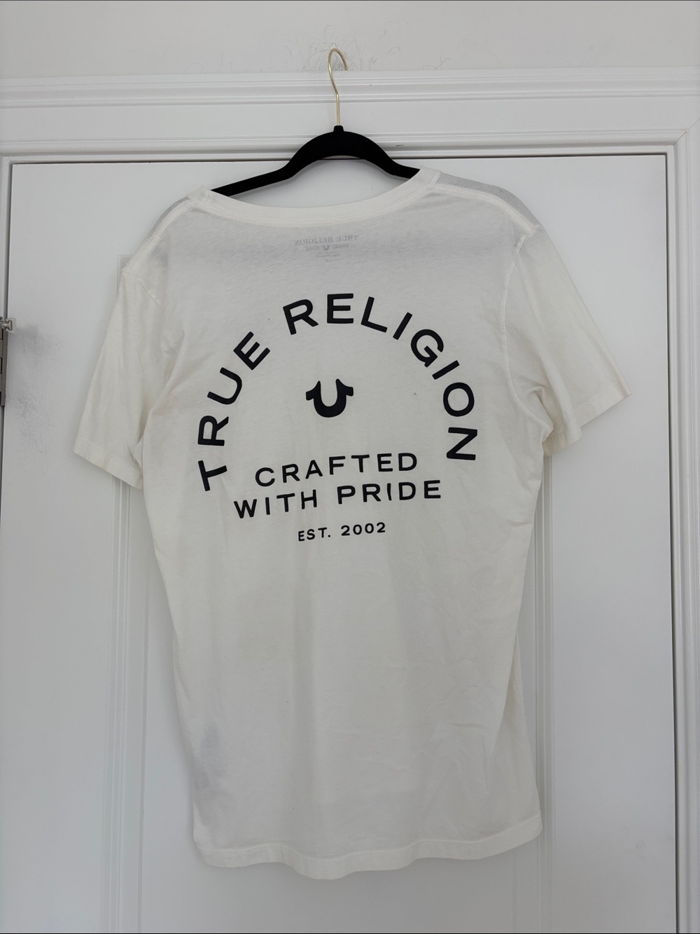 True Religion White Short Sleeve Crew Tee with Black Logo